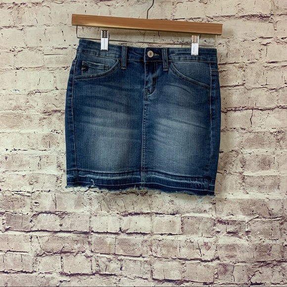 KanCan Light Wash Raw Hem Denim Mini Skirt - Picture 1 of 10